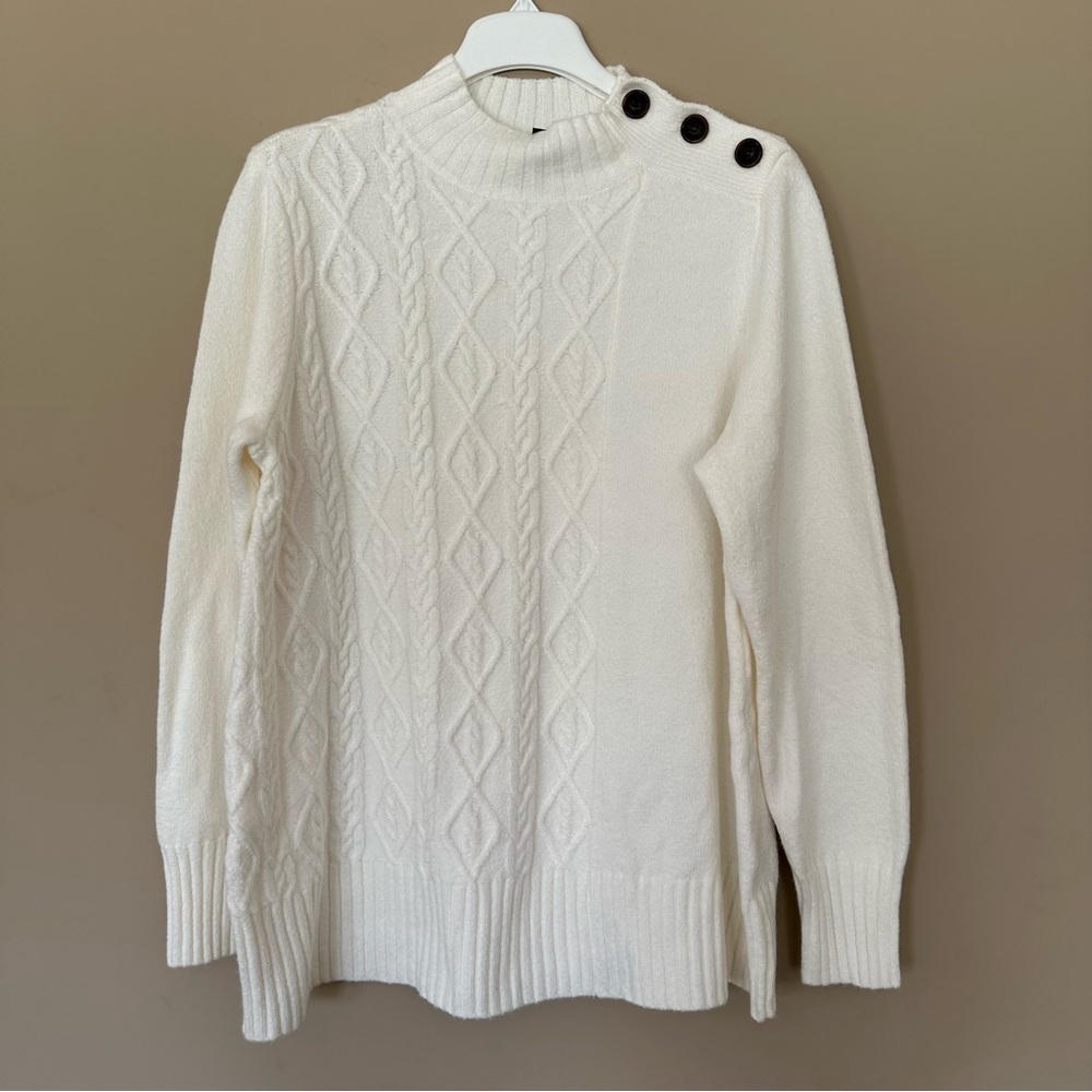 J Jason Wu Cable Knit Ivory Off White Sweater Mock Neck Asymmetical Button Artsy